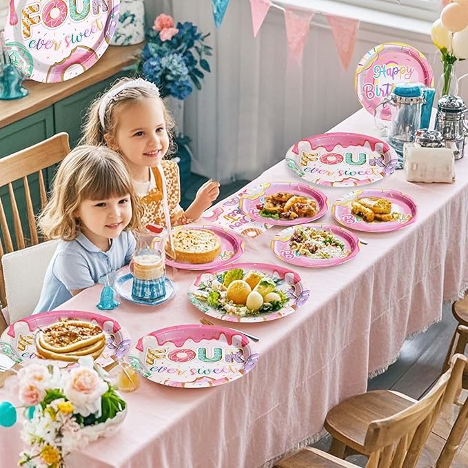 Grencian 96 Pcs Four Ever Sweet Donut Birthday Decorations Girl 4th Donut Themed Plates and Napkins Forks Disposable Tableware Set for Kids Girl 4 Year Old Birthday Party Supplies Favors Serves 24