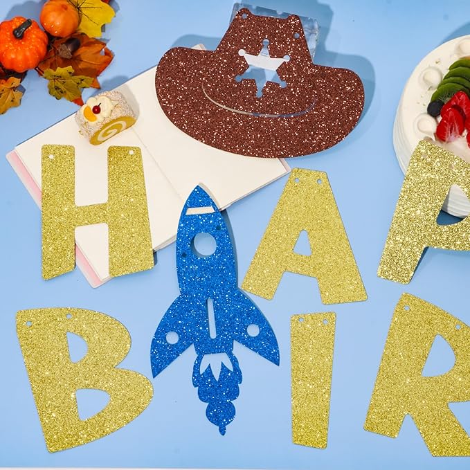 Glitter Toy Theme Happy Birthday Banner Cartoon Story Birthday Party Decorations Toy Inspired Game Space Theme Kids Birthday Banner Two Infinity and Beyond Bday Party Supplies