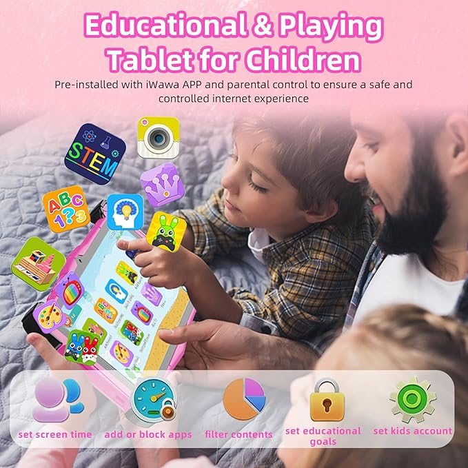 Kids Tablet 7 inch Android 15, Tablet for Kids with 10GB RAM 64GB ROM Bluetooth IPS Screen Parental Control Dual Camera Shockproof Case for Educational Games (Pink)