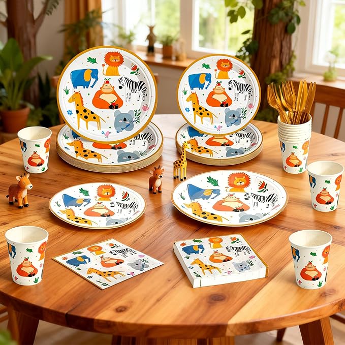 144Pcs Jungle Animals Birthday Party Supplies Decorations Animal Themed Paper Plates Napkins Vintage Party Tableware Disposable Dinnerware for Girl Boy Kid Birthday Baby Shower Table Decor, Serve 24