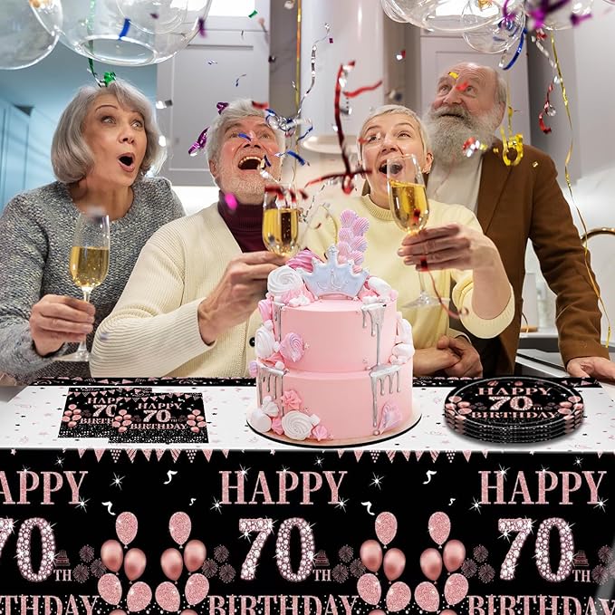 41PCS 70th Birthday Party Decorations, Black Gold Vintage 70th Tableware Set Paper Plate Napkin and Tablecloth, Back to 1955 Aged 70 Table Party Supplies, 70 Year Old Birthday Decor for Women Men