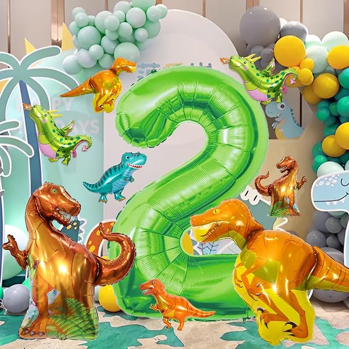 16Pcs Two Rex Balloons, Two Rex Birthday Party Decorations Boy Dinosaur 2rd Birthday Party Supplies Include Dinosaur Foil Balloons Tattoo Stickers for 2 Years Old Birthday Decorations Boys