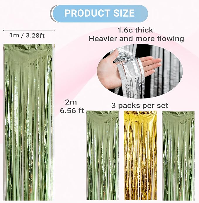 3 Packs Sage Green Gold Foil Fringe Curtains Light Green Birthday Decorations Extra Wide 9.9ft for Wedding Party Backdrop Bridal Shower Group Photos,Birthday Party Door Cover Each 3.3 x 6.5 ft