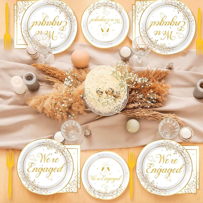 96Pcs Happy Engagement Party Supplies Engagement Paper Plates Napkins We're Engaged Party Tableware Set We're Engaged Dinnerware for Wedding Birthday Bridal Shower Decoration Serve 24