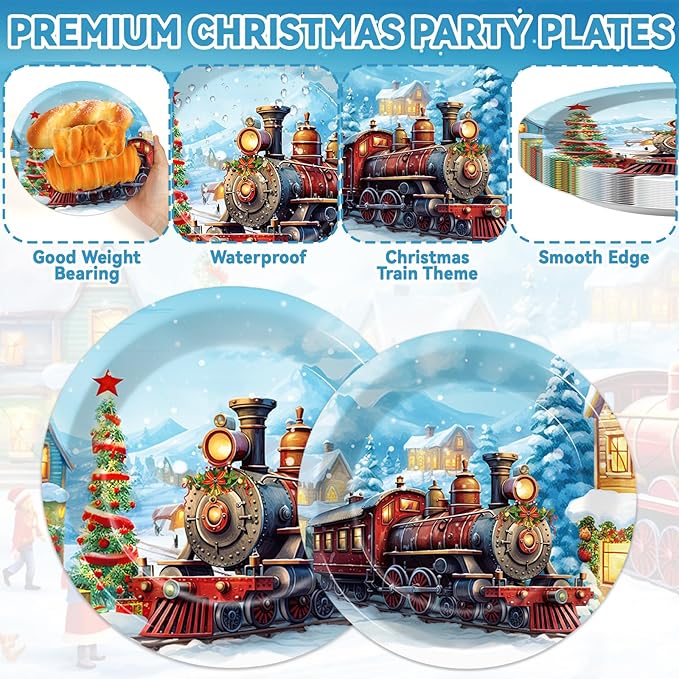 gisgfim 96 Pcs Christmas Train Plates and Napkins Party Supplies Christmas Believe Dinnerware Tableware Set Disposable Xmas Paper Plates Party Decorations Favors for Winter Holiday Serves 24