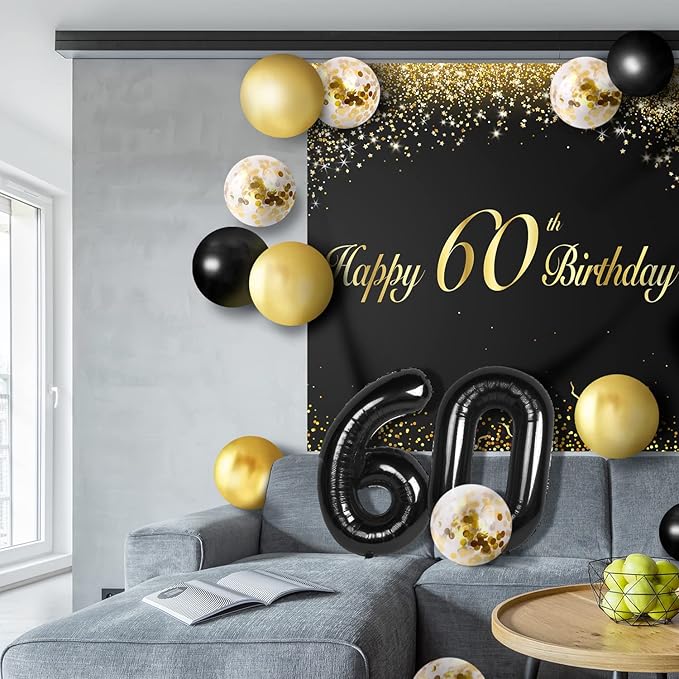 Happy 60th Birthday Balloons Black Set Decor - Cheers to 60 Years Old Party Theme Garland Banner Backdrop Decorations For Women and Men Supplies