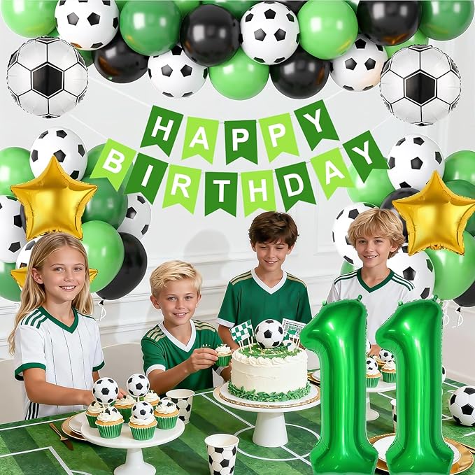 Soccer Birthday Party Decorations for Boys, 11th Soccer Birthday Decoration with Green Black White Balloons 'HAPPY BIRTHDAY' Banner Cake Toppers 32in Foil 11 Balloon for Boys Men Sports Party Decor