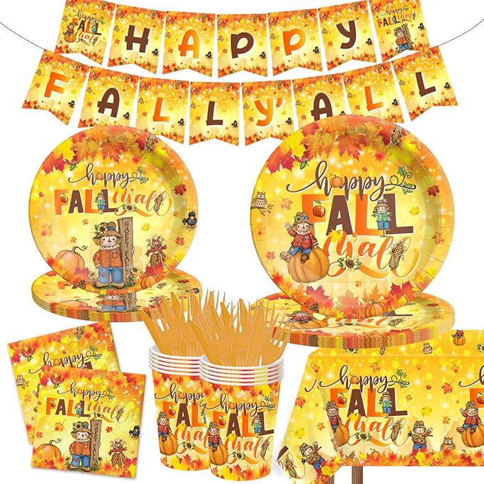 142Pcs Thanksgiving Plates and Napkins Set-Happy Fall Y'all Party Decoration Scarecrow Disposable Tableware Maple Leaves Pumpkin Harvest Thanksgiving Party Supplies