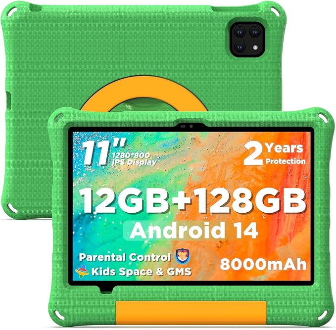 Kids Tablet 11 Inch, Android Tablet with 2 Years Protection, 12GB+128GB, 8000mAh, with EVA Case, Parental Control, Pre-installed Educational APP, WiFi 6, Dual Camera, Quad Speakers, Green