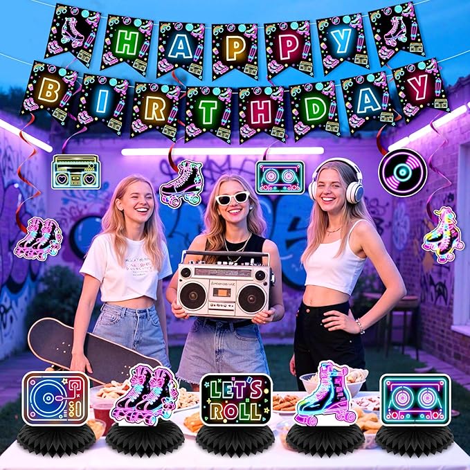Roller Skating Party Decorations Glow Neon Happy Birthday Banner Let's Roll Backdrop Retro Roller Skating Honeycomb Centerpieces Hanging Swirl Decor for Kids Adults Hip Hop Rollerskate Party Supplies