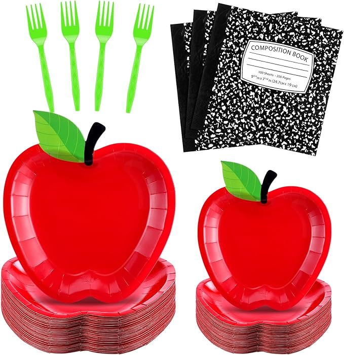 122 Pcs Back to School Party Supplies Set for 24 Guests, 9 Inch 7 Inch Apple Paper Plates Napkins and Forks School Theme Tableware Set for Teacher Appreciation Classroom Party Decorations