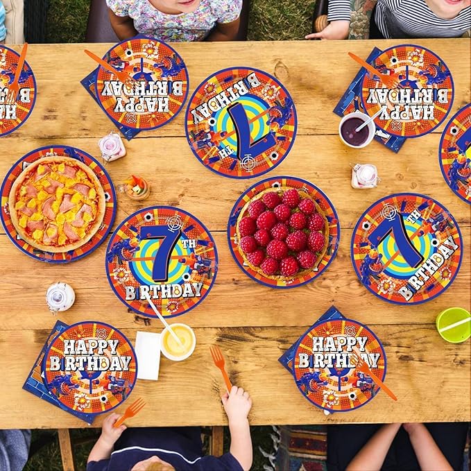 96Pcs Dart War 7th Birthday Party Supplies Dart War 7th Theme Plates and Napkins Blue and Orange 7 Years Old Tableware Set for Birthday Party Decoration Serves 24