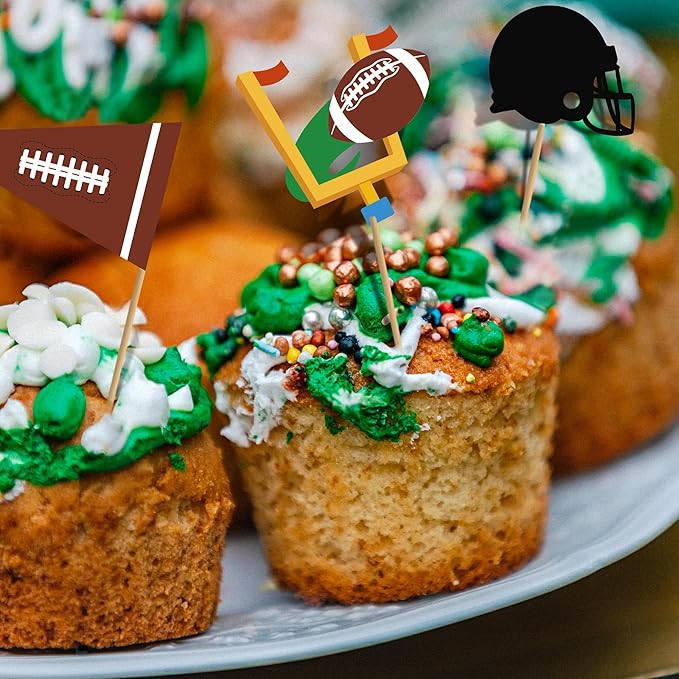50 Pcs Football Cupcake Toppers, Disposable Foot Ball Themed Cake Toppers, Touchdown Players Flagship Designed Tooth Picks, Football Party Decorations for Sports Baby Shower Birthday Party Supplies