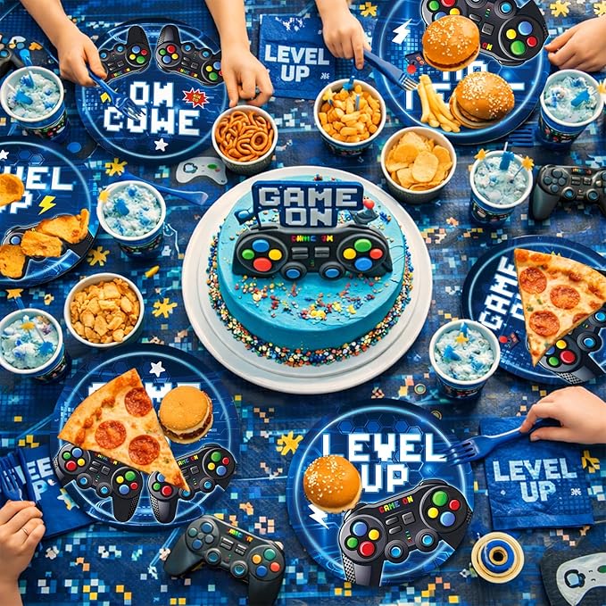 96 Pcs Video Game Plates and Napkins Tableware Set (Serve 24), Video Game Birthday Party Decorations, Party Supplies Include Plates Napkins Plastic Forks for Party (Blue)