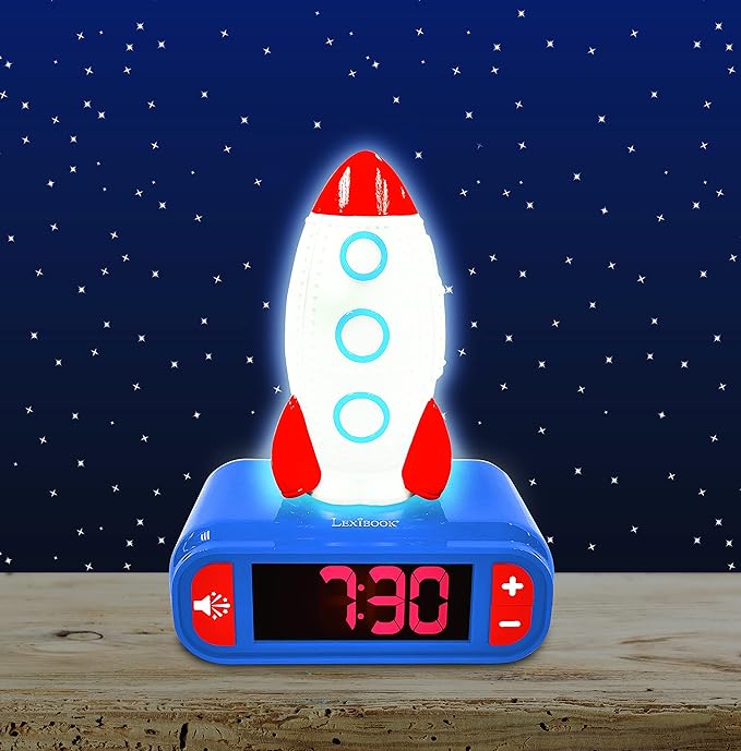 LEXiBOOK - Rocket Digital Alarm Clock for Kids with Night Light Snooze, Childrens Clock, Luminous Rocket, Blue Colour - RL800SPC