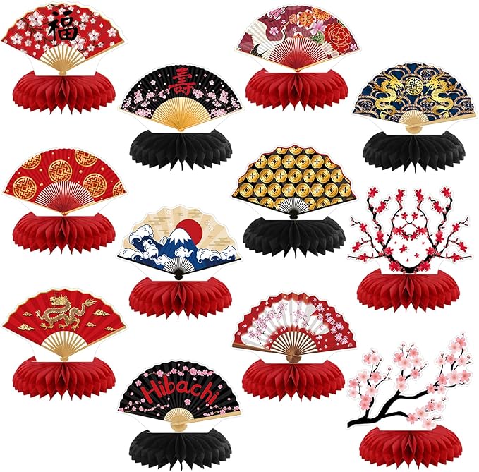 Pickmesh 12 Pieces Hibachi Birthday Party Decorations Honeycomb Centerpieces Japanese Paper Fans Table Decorations Cherry Blossom Table Topper for Japanese Party Supplies