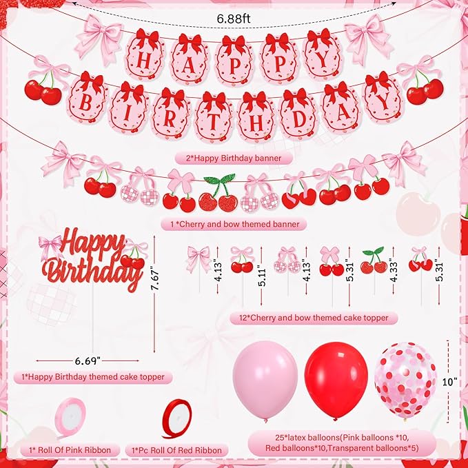 K KUMEED Cherry Birthday Decorations,Cute Happy Birthday Cherry and Bow Banner,Summer Fruit Cherries Party Supplies Cake Topper Latex Balloons for Birthday Party Decorations