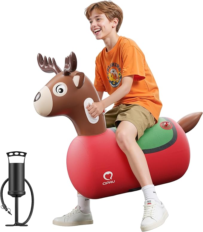 QPAU Large Inflatable Reindeer Hopper Bouncy Toy, 250lbs High Capacity Ride-on Animal for Kids & Adults, Soft Fabric Cover & Pump, Durable Puncture-Resistant Bouncer for Family Party Gift