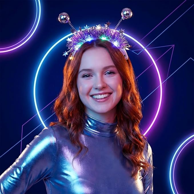 Juexica 6 Pack Disco Party Supplies, Silver LED Disco Headband for Glow Party Headwear Costume Accessories