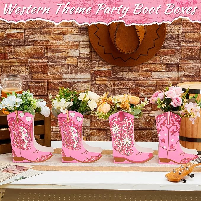 12 Set Western Cowgirl Boots Flower Boxes Centerpiece Boot Shape Gift Boxes Party Decoration Vase Centerpieces for Tables for Rodeo Birthday Baby Shower Wedding Supplies