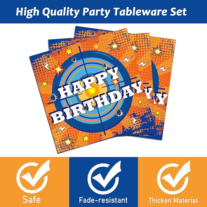96 Pcs Dart War Plates and Napkins Party Supplies Dart War Themed Birthday Tableware Set Blue and Orange Party Decorations Favors for Kids Boys' Birthday Baby Shower Serves 24