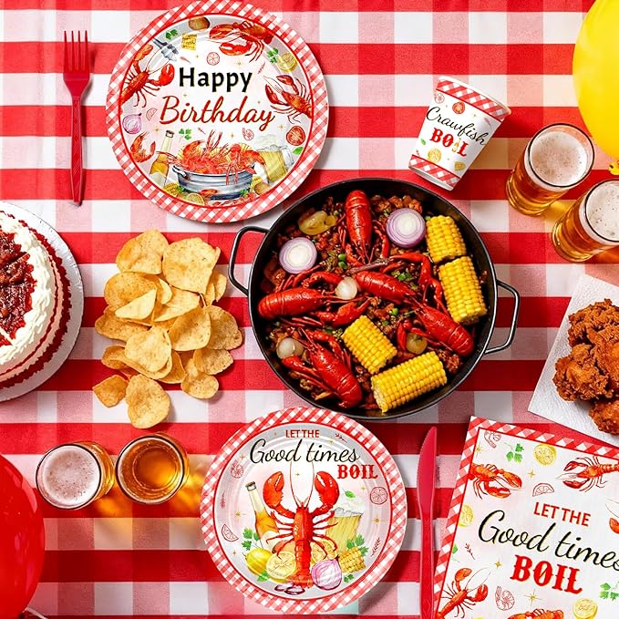 Avezano 144 pcs Crawfish Boil Birthday Party Supplies Let the Good Times Boil Party Plates and Napkins Disposable Lobster Seafood Boil Birthday Party Decorations Serve 24