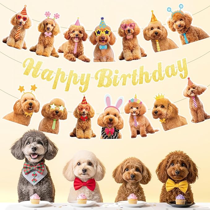 Dog Happy Birthday Banner, Golden Doodle Birthday Party Decorations Gold Glitter Puppy Birthday Banner Decorations for Pet Dog Theme Party Bunting Decoration Baby Shower Party Supplies