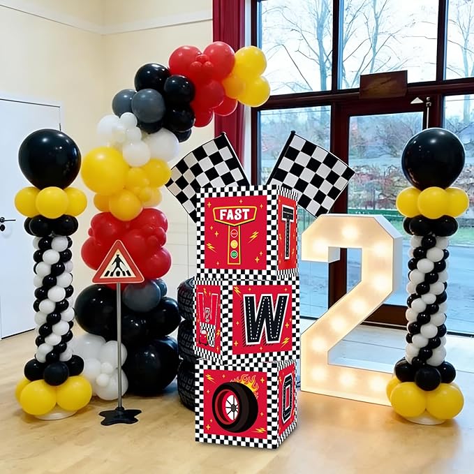 TONIFUL Race Car 2nd Birthday Party Supplies Red Yellow Black Balloon Box with Letters，Fast Two Theme Two Years Old Birthday Party Favors for Kids Baby Shower Second Birthday Decoration