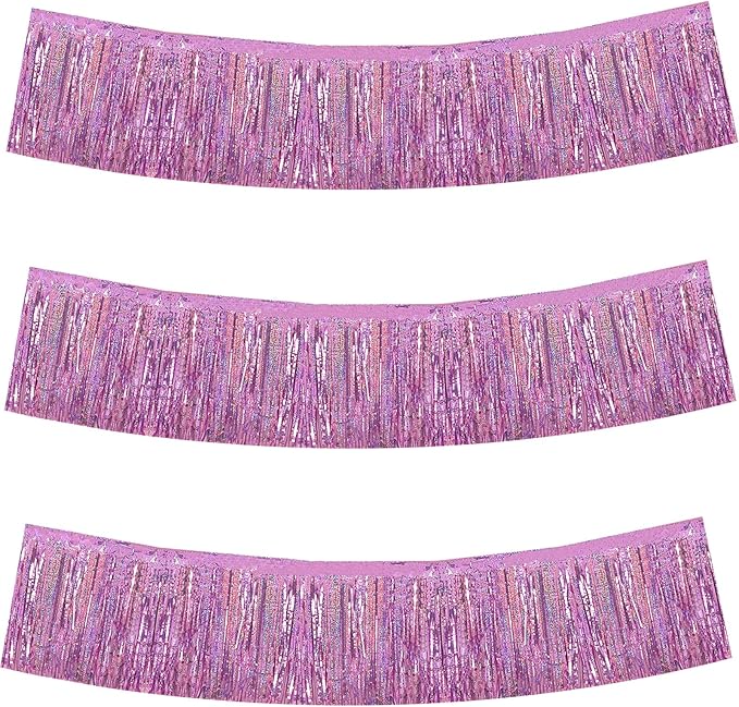 BEISHIDA 3 Packs Metallic Foil Fringe Garland Laser Light Pink Wall Hanging Tinsel Fringe Banners for Car Floats Bridal Shower Wedding Birthday Easter Graduation Holiday Party Decoration(30 Feet)