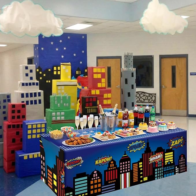 Oudain 6 ft Hero Theme Tablecloth Hero Party Decoration Cityscape Tablecloth 72 x 30 Inches Washable Fabric Polyester Rectangle Table Cover Birthday Party Supplies