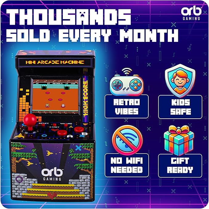 Orb - Mini Arcade Machine, 300 in-Built Games, 8-Bit Retro Arcade Games, 2.5” Full Colour Screen, 8-Way Joystick, 2 Buttons, Volume Control