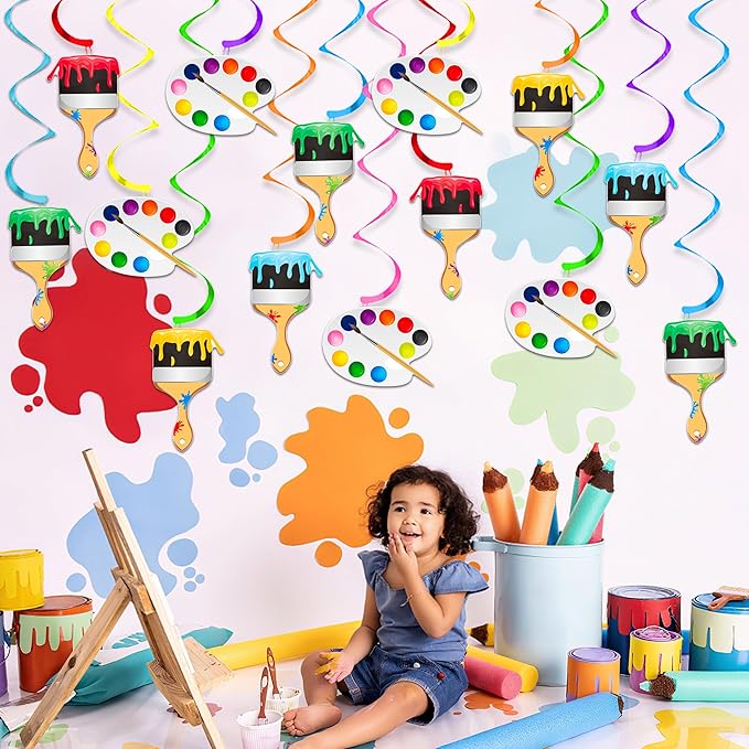 21pcs Art Painting Party Hanging Swirl Decorations Paint Brush and Palette Design Ceiling Streamers for Art Paint Birthday Party Artist Baby Shower Supplies