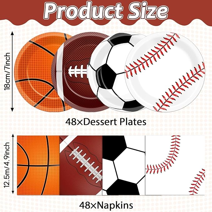 96 Pcs Sports Party Decoration Sport Plates and Napkins Basketball Football Baseball Dessert Cake Tableware Supplies Rugby Theme Activities Game Disposable Paper Party Dinnerware Favor