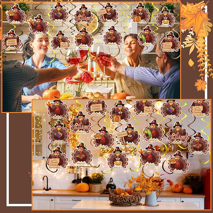 Spakon 72 Pcs Thanksgiving Turkey Hanging Swirl Decoration Thanksgiving Party Decoration Brown Thankful Gobble Turkey Ceiling Decor for Office Home Birthday Fall Harvest Party Favors Supplies