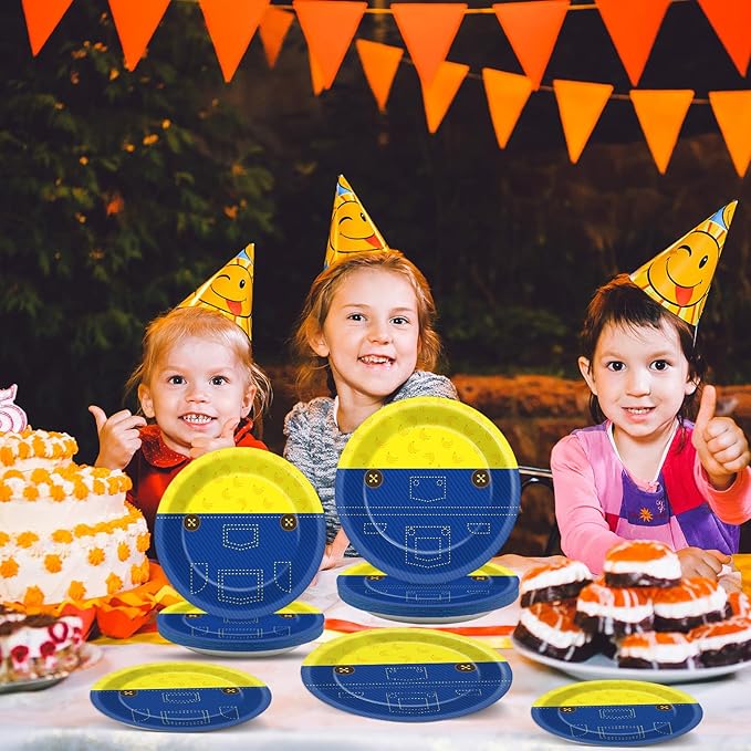 48pcs Yellow Cartoon Birthday Party Supplies Blue Jeans Paper Plates Cute Cartoons Dinner Dessert Plates Yellow Cartoon Theme Disposable Tableware for Boy Girl Birthday Baby Shower Party Decor