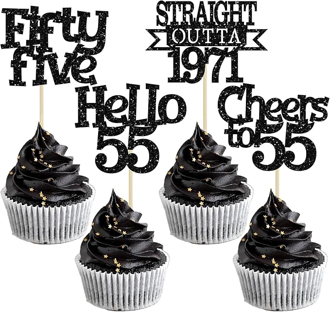 Ephlyn 24Pcs 55th Birthday Cupcake Toppers Glitter Straight Outta 1971 Cupcake Picks Hello 55 Cheers to 55 Years Cake Decorations for 55th Birthday Anniversary Party Decorations Supplies Black
