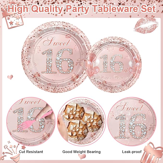 Avezano 96 Pcs Rose Gold Sweet 16 Birthday Party Paper Plates and Napkins Girls Sweet 16 Decorations Sweet Sixteen Birthday Party Disposable Paper Tableware Serve 24