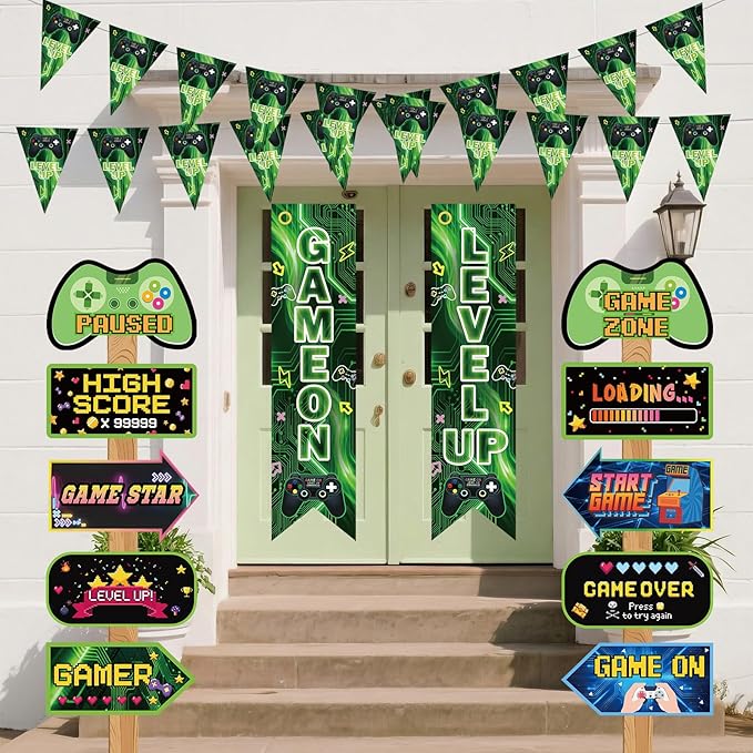 Video Game Birthday Party Decorations Level Up Triangle Flag Banner Photo Booth Props Gamer Birthday Party Supplies with Game Controller High Score Loading Paused Porch Yard Signs for Boys Kids Gaming Theme Party