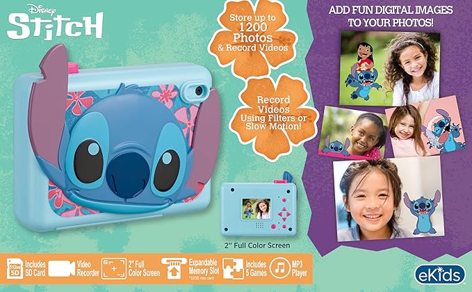 ekids Stitch Kids Camera with SD Card, Digital Camera for Kids with Video Recording, Built-in Digital Stickers, Stitch Toys for Kids