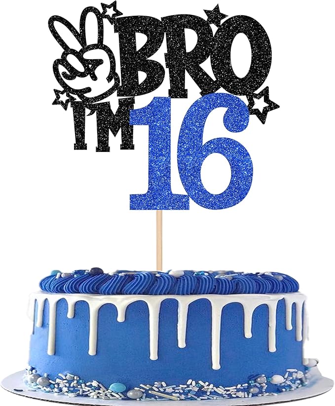 1 PCS Brother I'm 16 Cake Topper Glitter Star Happy 16th Birthday Cake Pick Bro I'm 16 Cake Decoration It's My 16th Birthday Decorations for Boys Cheers to 16 Years Old Birthday Party Supplies Blue