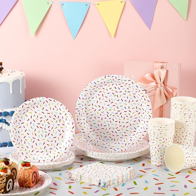 97 Pcs Confetti Sprinkles Tableware Set Include Plastic Tablecloth 24 Paper Napkins 24 Large Plates 24 Small Plates 24 Paper Cups for Sprinkle Party Decorations Wedding Birthday Supplies