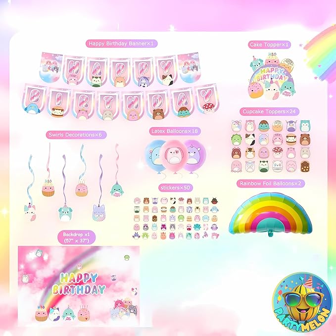 Cute Animals Birthday Decorations Kids Party Supplies with Banner Cupcake Toppers Balloons Swirls Stickers Background