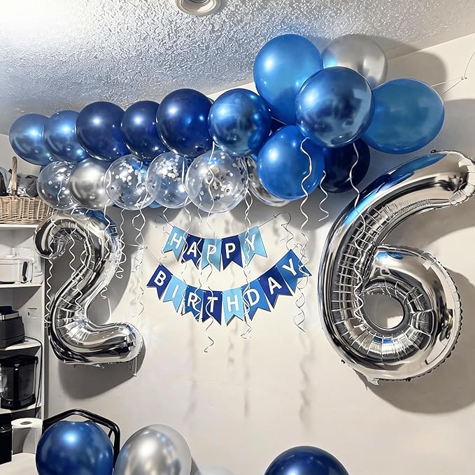 Blue Silver Birthday Decorations for Boys Men,Dark Navy Metallic Confetti Latex Party Balloon Star Heart Foil Balloon Cake Topper Blue Party Supplies Decor