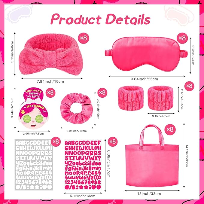 72 Pcs Spa Sleepover Party Supplies for Girls With DIY Stickers And Greeting Card Rose Red Headband Wristbands Eye Mask Hair Scrunchie Tote Bag Sleeping Slumber Party Favors