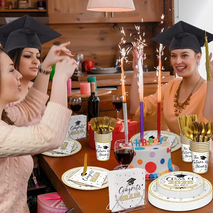 175 Pcs Graduation Tableware Set Party Supplies - Serves 25, Congrats Grad Class of 2025 Disposable Plates, Cups, Napkins, Forks, Spoons, Knives for High School, College Graduation, Prom Decorations