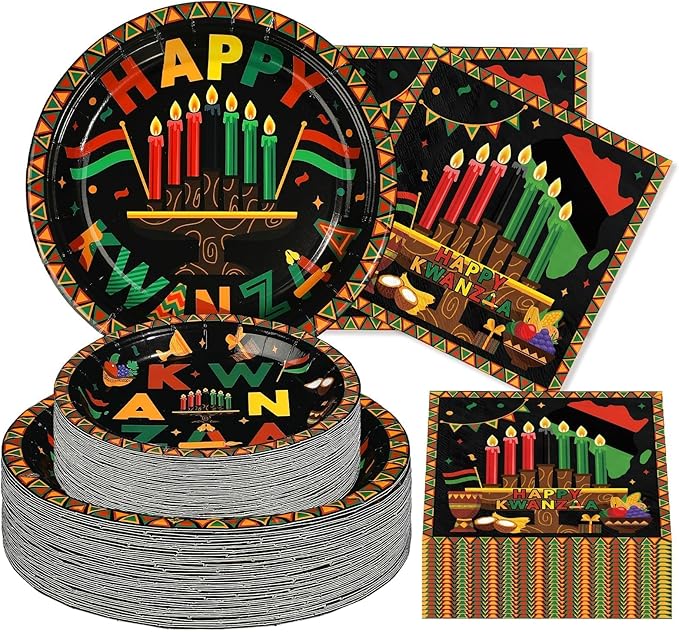 200 Pcs Kwanzaa Party Decorations Africans American Traditional Festival Paper Plates and Napkins Happy Kwanzaa Tableware Set for African Heritage Holiday Party Decorations Serves 50