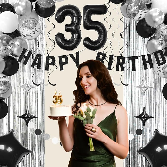 35th Birthday Decorations for Men Women- Black Silver Happy 35th Birthday Party Decor With Banner Backdrop,Number 35 Foil Balloon -Black White Balloons Garland Arch Kit for 35 Years Old