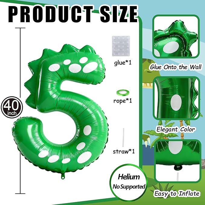 Green Dinosaur Balloons 5th Birthday Decorations for Boys,40inch Big Dinosaur Number 5 Balloon Birthday Party Decoration for Kids Birthday Party Decoration Supplies