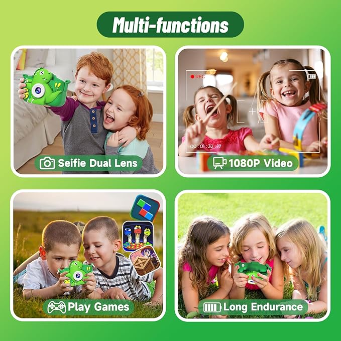 Kids Camera Toys for 3-8 Year Old Boys Girls, Dinosaur 1080P HD Selfie Digital Camera with 32GB Card, Christmas Birthday Gift for Kids