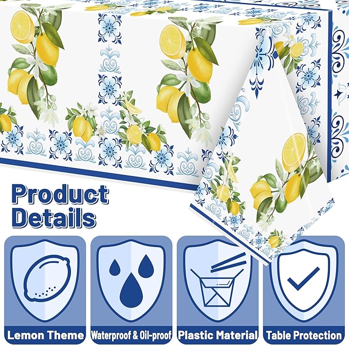 3-Pack Capri Lemon Table Cover Party Decoration Mediterranean Lemon Pattern Disposable Waterproof Decor Summer Spring Fruit Kid Birthday Dining Picnic Wedding